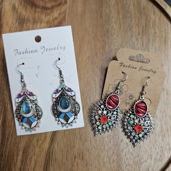 Women's Set of 2 Pairs Pierced Earrings Boho Ethnic Colorful Unique Bohemian New - Picture 5 of 7